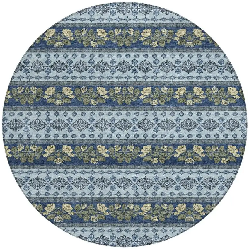 8' Navy Blue And Sky Blue Round Striped Washable Indoor Outdoor Area Rug Photo 3