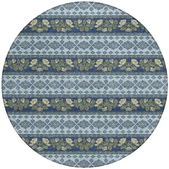 8' Navy Blue And Sky Blue Round Striped Washable Indoor Outdoor Area Rug Photo 3