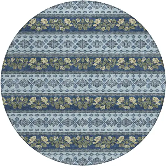 8' Navy Blue And Sky Blue Round Striped Washable Indoor Outdoor Area Rug Photo 1