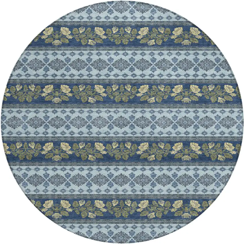 8' Navy Blue And Sky Blue Round Striped Washable Indoor Outdoor Area Rug Photo 1