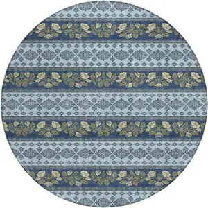 Photo of 8' Navy Blue And Sky Blue Round Striped Washable Indoor Outdoor Area Rug