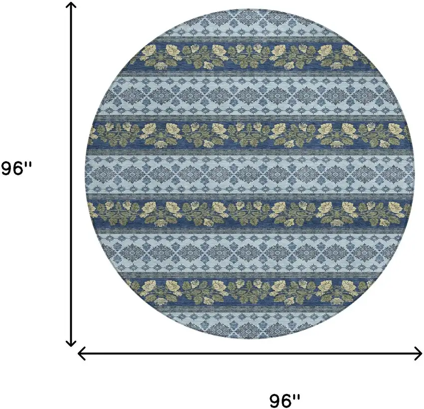 8' Navy Blue And Sky Blue Round Striped Washable Indoor Outdoor Area Rug Photo 8