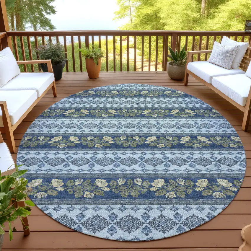 8' Navy Blue And Sky Blue Round Striped Washable Indoor Outdoor Area Rug Photo 4