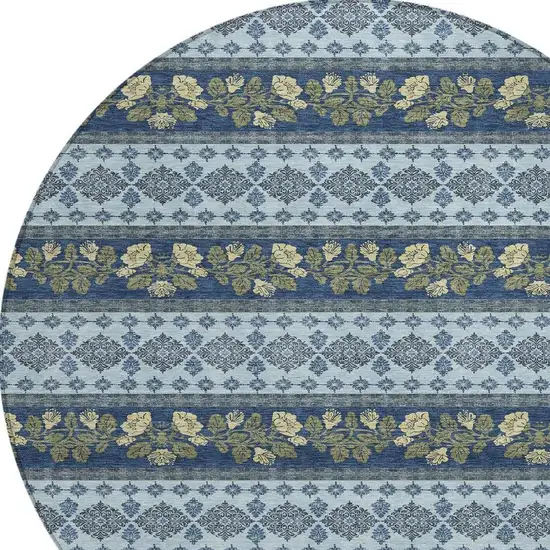 8' Navy Blue And Sky Blue Round Striped Washable Indoor Outdoor Area Rug Photo 2