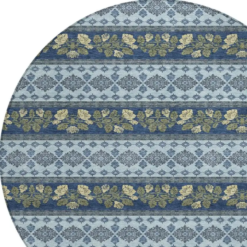 8' Navy Blue And Sky Blue Round Striped Washable Indoor Outdoor Area Rug Photo 2