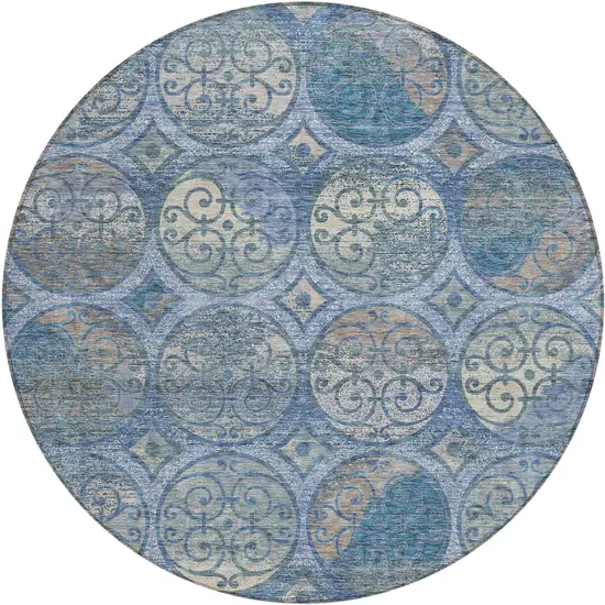 8' Navy Blue And Sky Blue Round Trellis Washable Indoor Outdoor Area Rug Photo 1