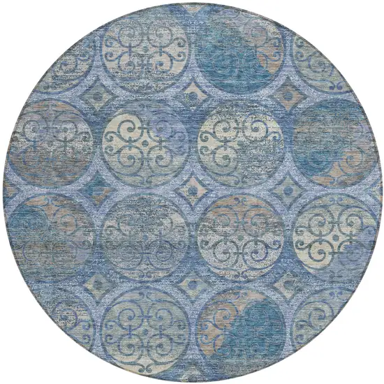 8' Navy Blue And Sky Blue Round Trellis Washable Indoor Outdoor Area Rug Photo 1
