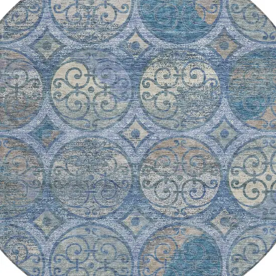 8' Navy Blue And Sky Blue Round Trellis Washable Indoor Outdoor Area Rug Photo 4