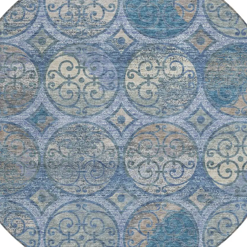 8' Navy Blue And Sky Blue Round Trellis Washable Indoor Outdoor Area Rug Photo 4