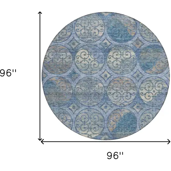 8' Navy Blue And Sky Blue Round Trellis Washable Indoor Outdoor Area Rug Photo 8