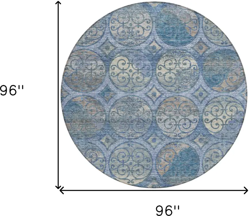 8' Navy Blue And Sky Blue Round Trellis Washable Indoor Outdoor Area Rug Photo 8