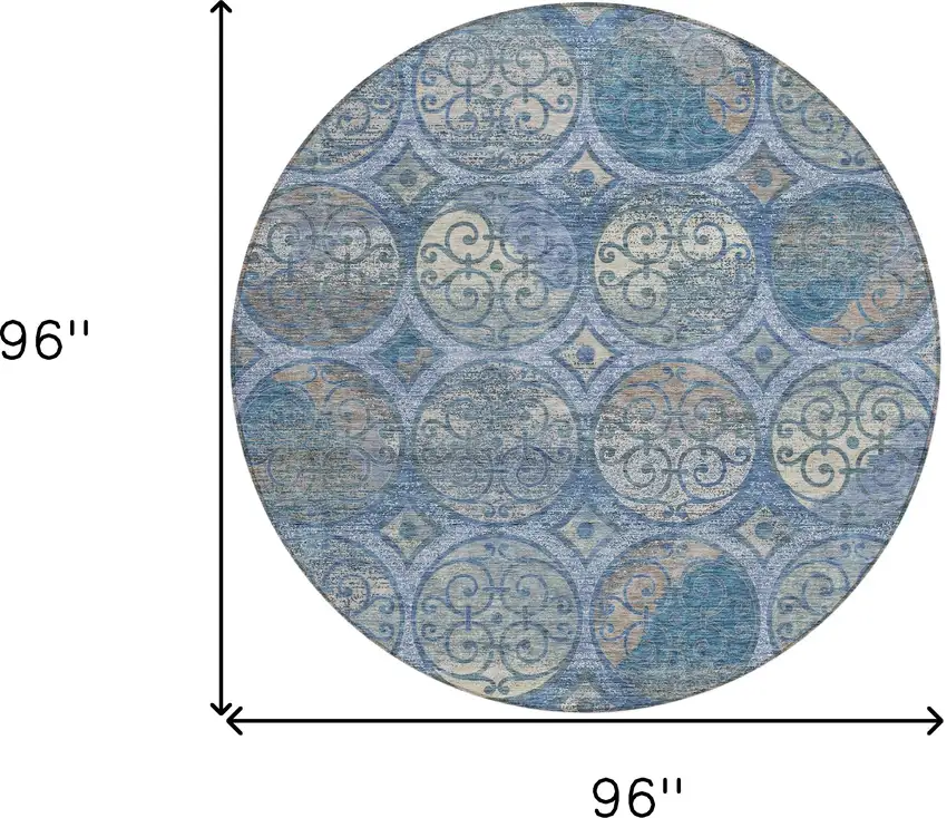 8' Navy Blue And Sky Blue Round Trellis Washable Indoor Outdoor Area Rug Photo 8