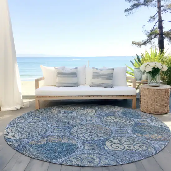 8' Navy Blue And Sky Blue Round Trellis Washable Indoor Outdoor Area Rug Photo 6
