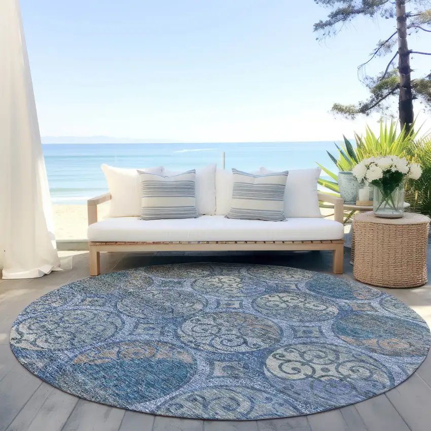 8' Navy Blue And Sky Blue Round Trellis Washable Indoor Outdoor Area Rug Photo 6