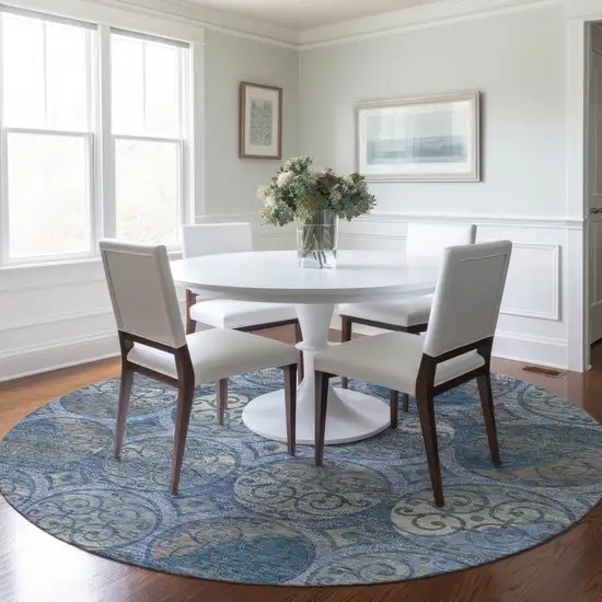 8' Navy Blue And Sky Blue Round Trellis Washable Indoor Outdoor Area Rug Photo 7