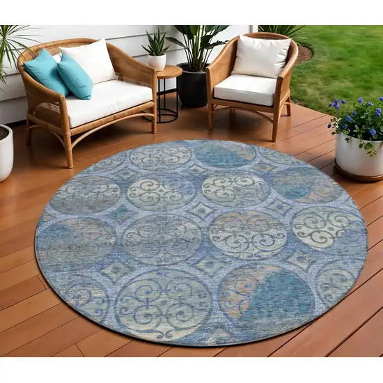 8' Navy Blue And Sky Blue Round Trellis Washable Indoor Outdoor Area Rug Photo 1