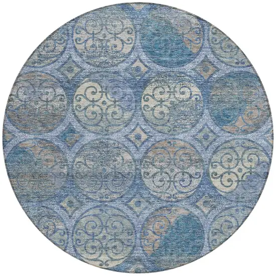8' Navy Blue And Sky Blue Round Trellis Washable Indoor Outdoor Area Rug Photo 5