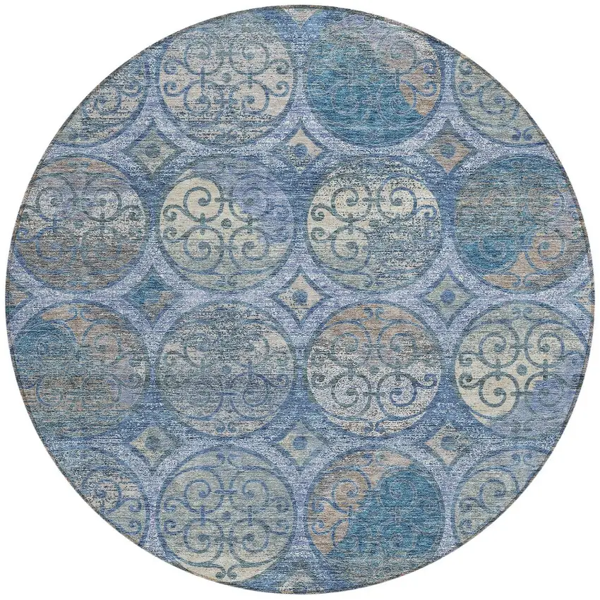 8' Navy Blue And Sky Blue Round Trellis Washable Indoor Outdoor Area Rug Photo 5