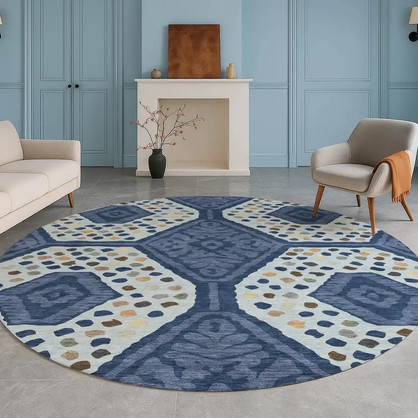 8' Navy Blue And Sky Blue Round Tribal Washable Indoor Outdoor Area Rug Photo 4