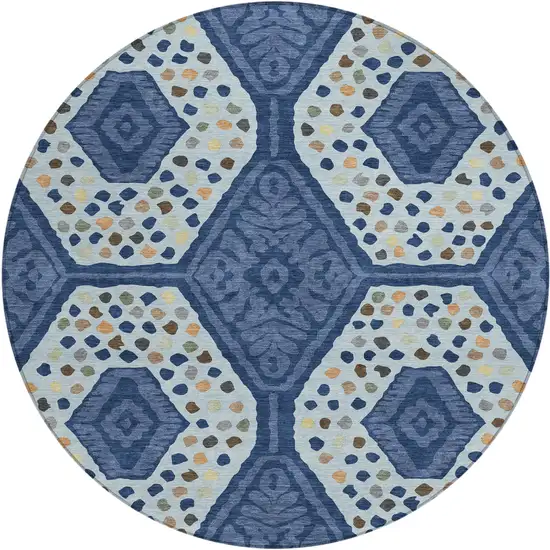 8' Navy Blue And Sky Blue Round Tribal Washable Indoor Outdoor Area Rug Photo 5