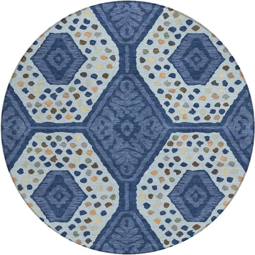 8' Navy Blue And Sky Blue Round Tribal Washable Indoor Outdoor Area Rug Photo 5