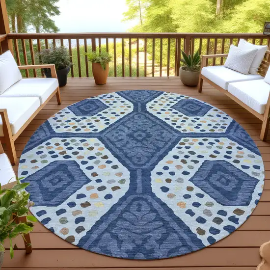 8' Navy Blue And Sky Blue Round Tribal Washable Indoor Outdoor Area Rug Photo 3