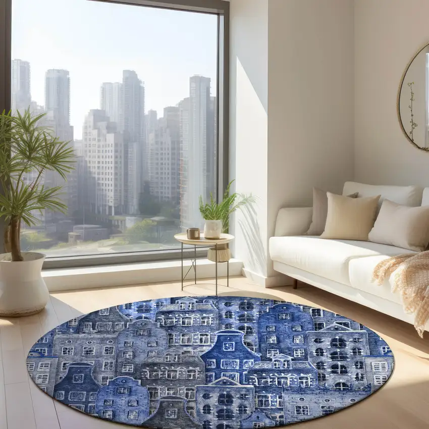 8' Navy Blue And Sky Blue Round Village Houses Washable Indoor Outdoor Area Rug Photo 7