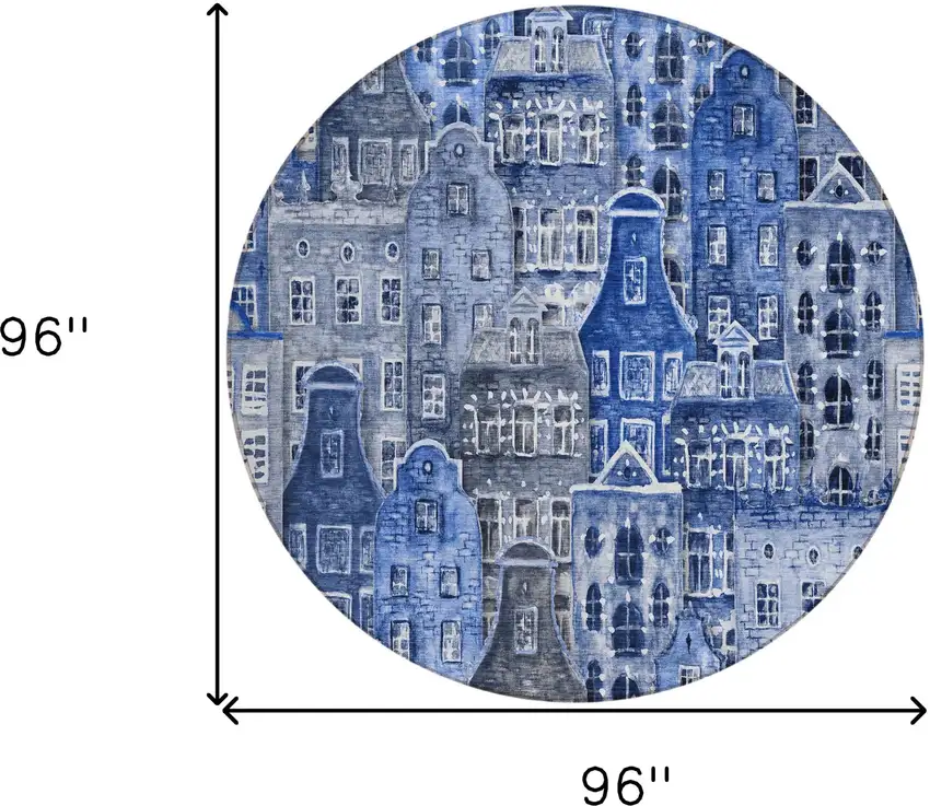 8' Navy Blue And Sky Blue Round Village Houses Washable Indoor Outdoor Area Rug Photo 3