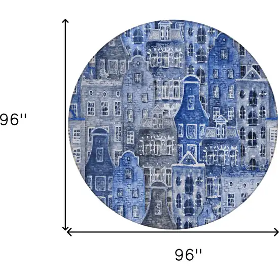 8' Navy Blue And Sky Blue Round Village Houses Washable Indoor Outdoor Area Rug Photo 3