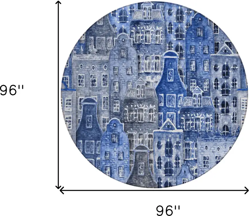 8' Navy Blue And Sky Blue Round Village Houses Washable Indoor Outdoor Area Rug Photo 3
