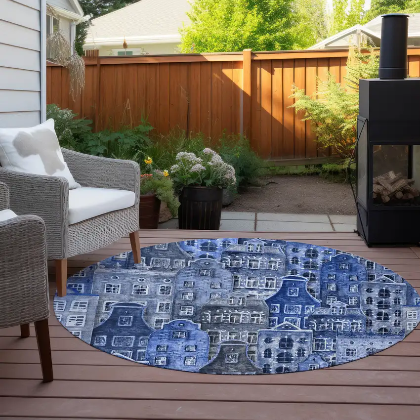 8' Navy Blue And Sky Blue Round Village Houses Washable Indoor Outdoor Area Rug Photo 6