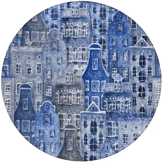 8' Navy Blue And Sky Blue Round Village Houses Washable Indoor Outdoor Area Rug Photo 2