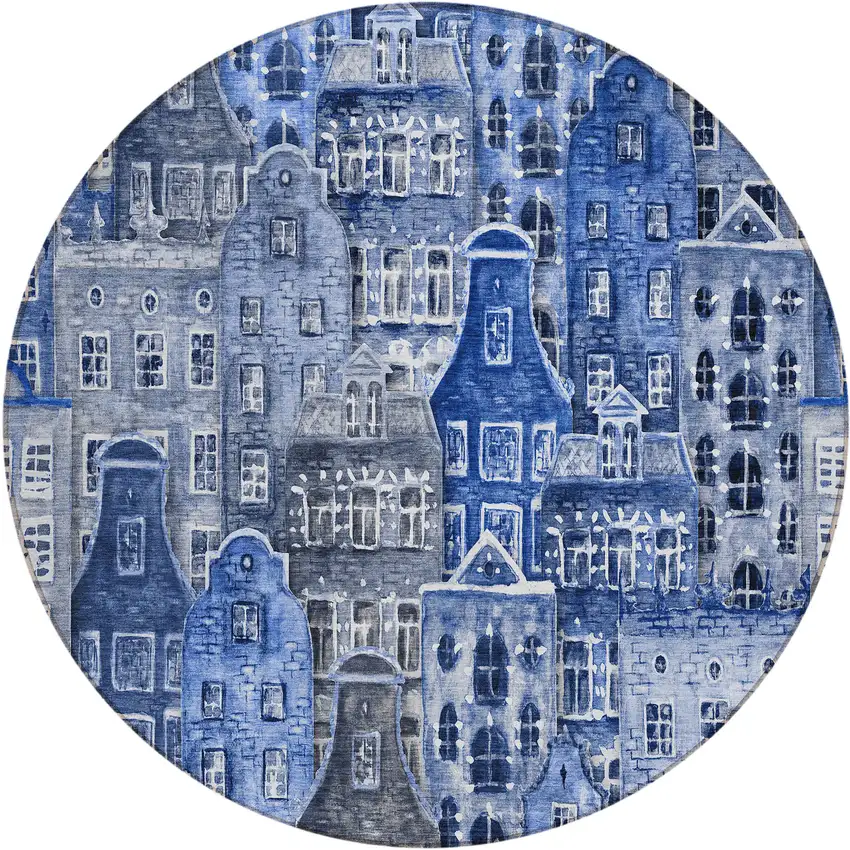 8' Navy Blue And Sky Blue Round Village Houses Washable Indoor Outdoor Area Rug Photo 2