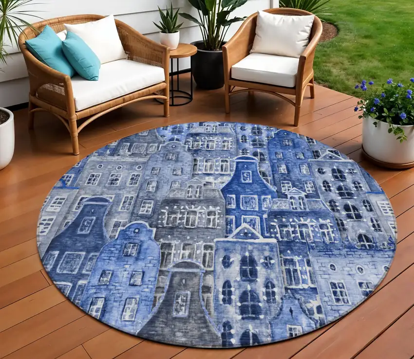 8' Navy Blue And Sky Blue Round Village Houses Washable Indoor Outdoor Area Rug Photo 1