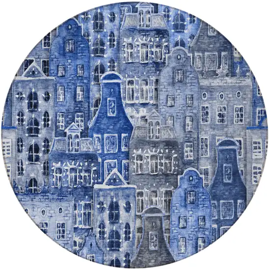 8' Navy Blue And Sky Blue Round Village Houses Washable Indoor Outdoor Area Rug Photo 5