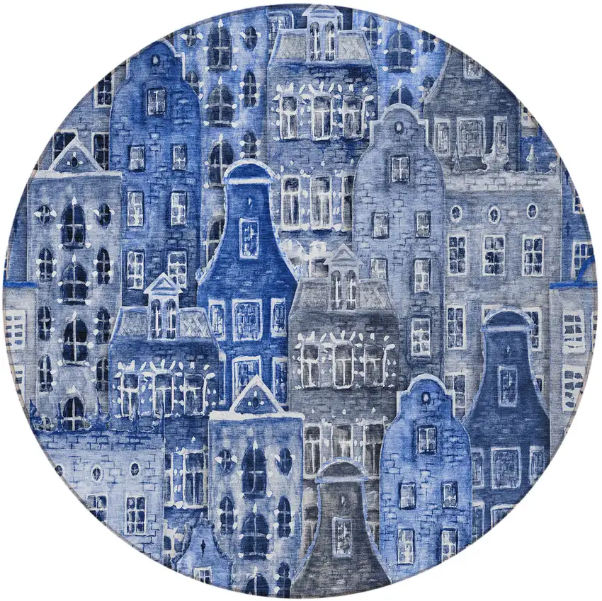 8' Navy Blue And Sky Blue Round Village Houses Washable Indoor Outdoor Area Rug Photo 5