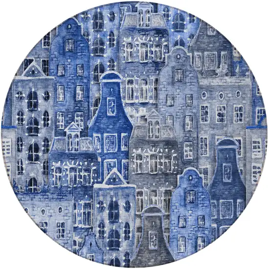 8' Navy Blue And Sky Blue Round Village Houses Washable Indoor Outdoor Area Rug Photo 5