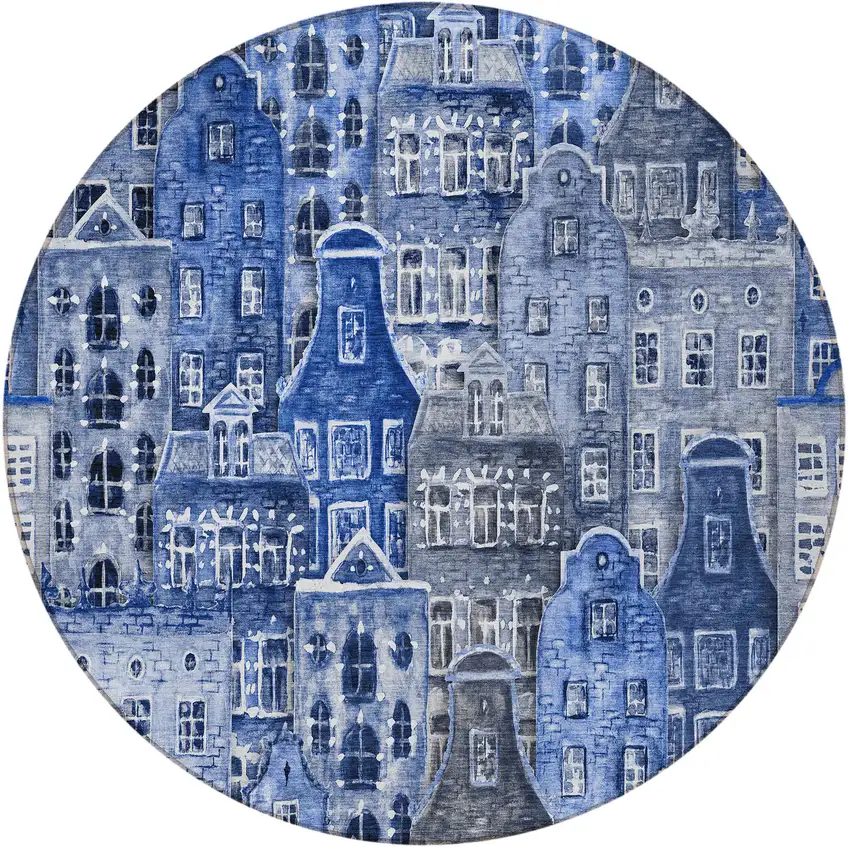 8' Navy Blue And Sky Blue Round Village Houses Washable Indoor Outdoor Area Rug Photo 5