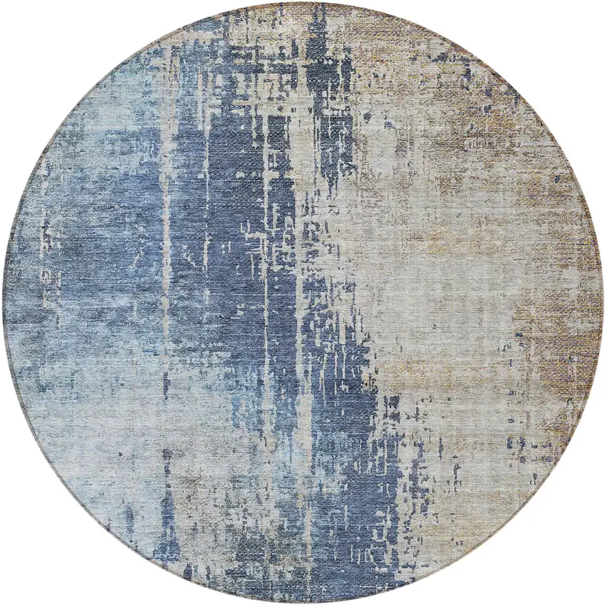 8' Navy Blue And Taupe Round Abstract Washable Indoor Outdoor Area Rug Photo 4