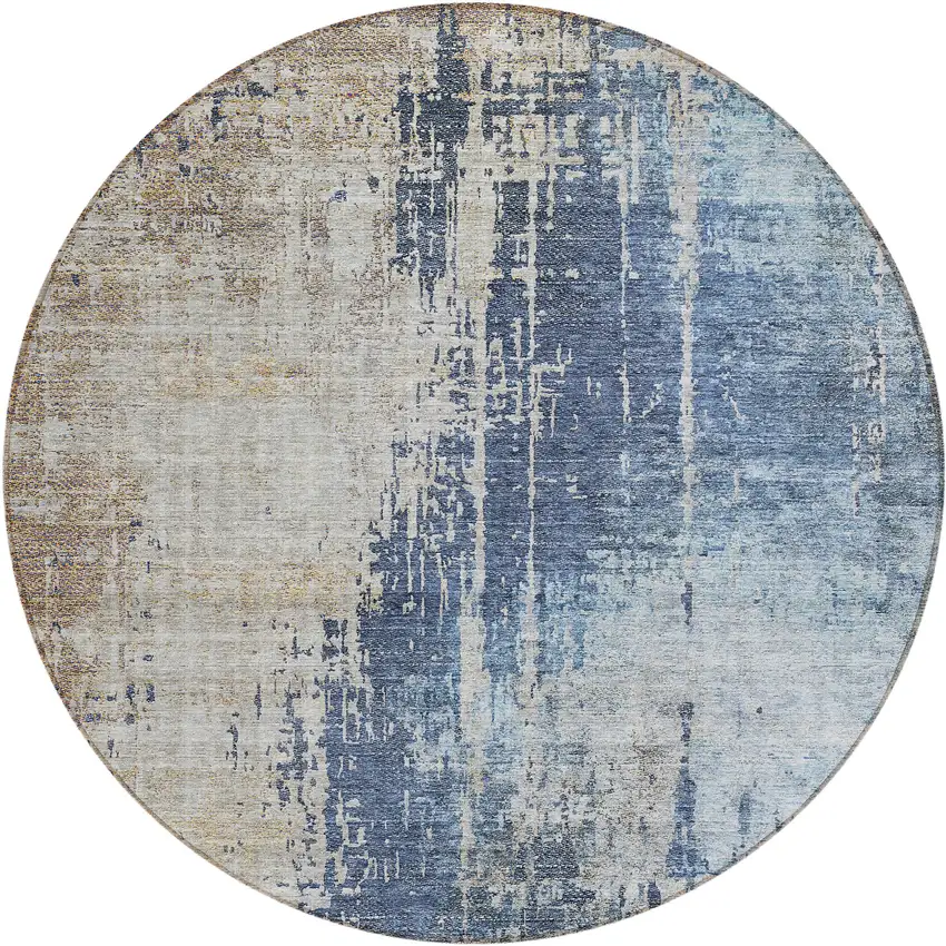 8' Navy Blue And Taupe Round Abstract Washable Indoor Outdoor Area Rug Photo 2