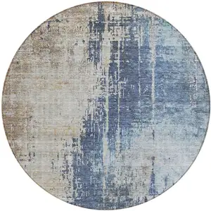 Photo of 8' Navy Blue And Taupe Round Abstract Washable Indoor Outdoor Area Rug