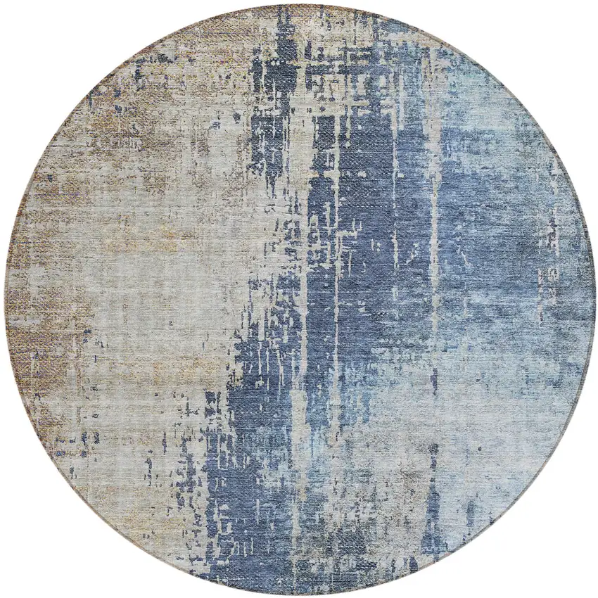 8' Navy Blue And Taupe Round Abstract Washable Indoor Outdoor Area Rug Photo 2