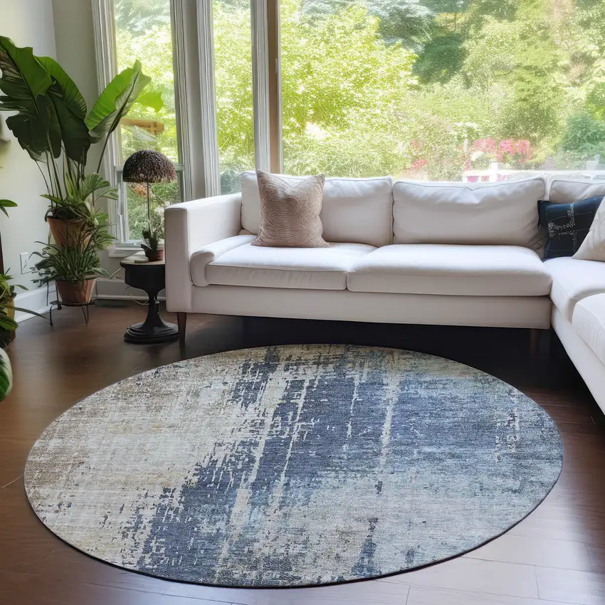 8' Navy Blue And Taupe Round Abstract Washable Indoor Outdoor Area Rug Photo 6