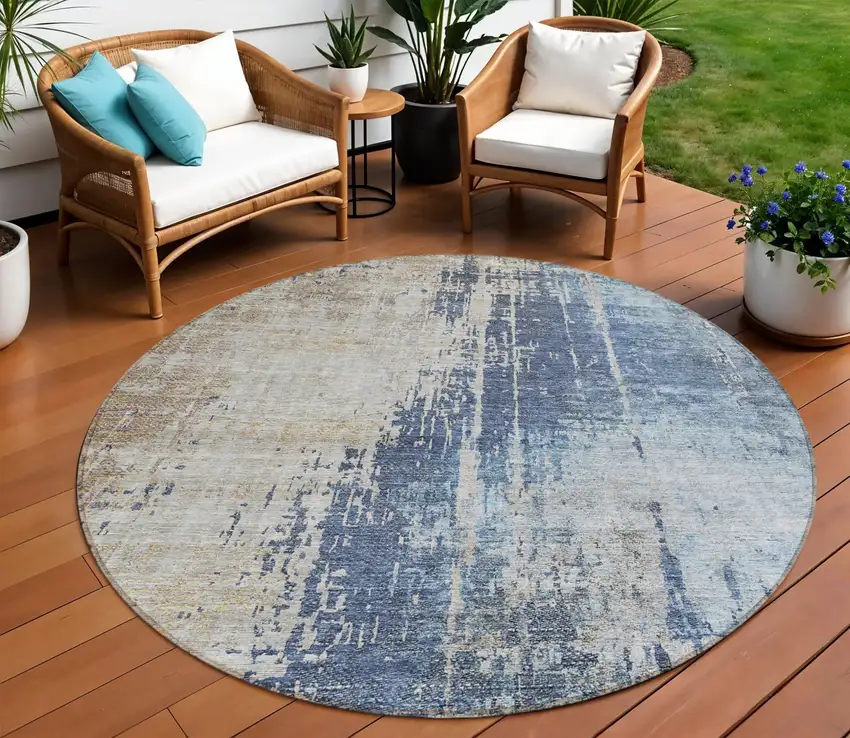 8' Navy Blue And Taupe Round Abstract Washable Indoor Outdoor Area Rug Photo 1