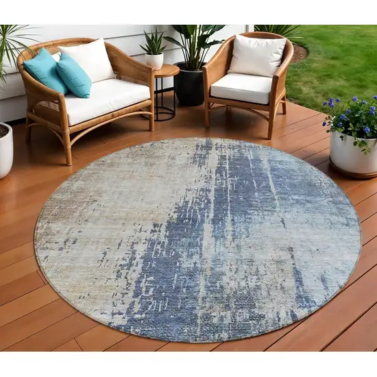 8' Navy Blue And Taupe Round Abstract Washable Indoor Outdoor Area Rug Photo 1