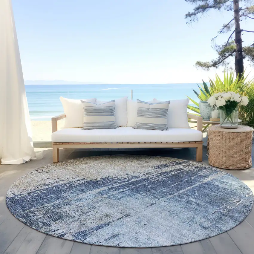 8' Navy Blue And Taupe Round Abstract Washable Indoor Outdoor Area Rug Photo 5