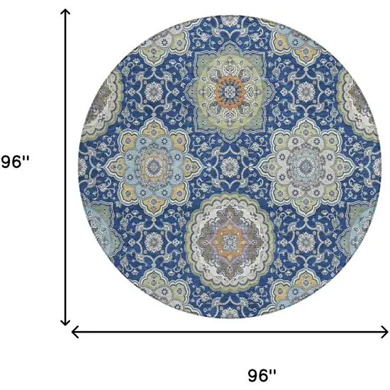 8' Navy Blue And Taupe Round Floral Medallion Washable Indoor Outdoor Area Rug Photo 9