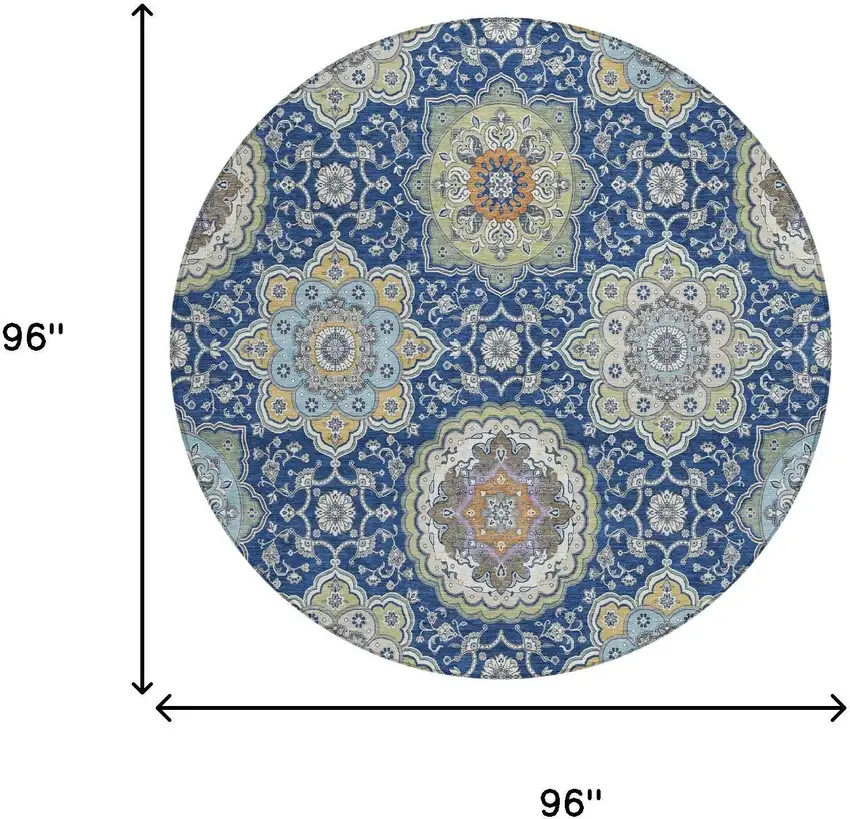8' Navy Blue And Taupe Round Floral Medallion Washable Indoor Outdoor Area Rug Photo 9