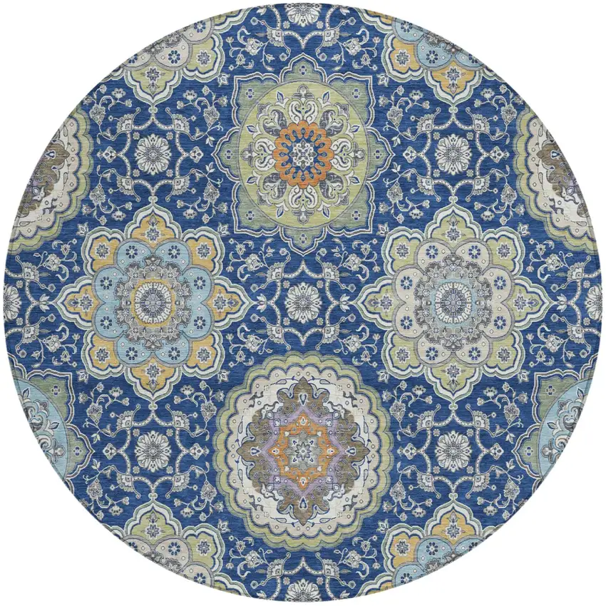 8' Navy Blue And Taupe Round Floral Medallion Washable Indoor Outdoor Area Rug Photo 2
