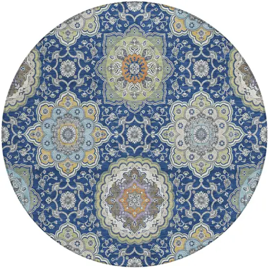 8' Navy Blue And Taupe Round Floral Medallion Washable Indoor Outdoor Area Rug Photo 2